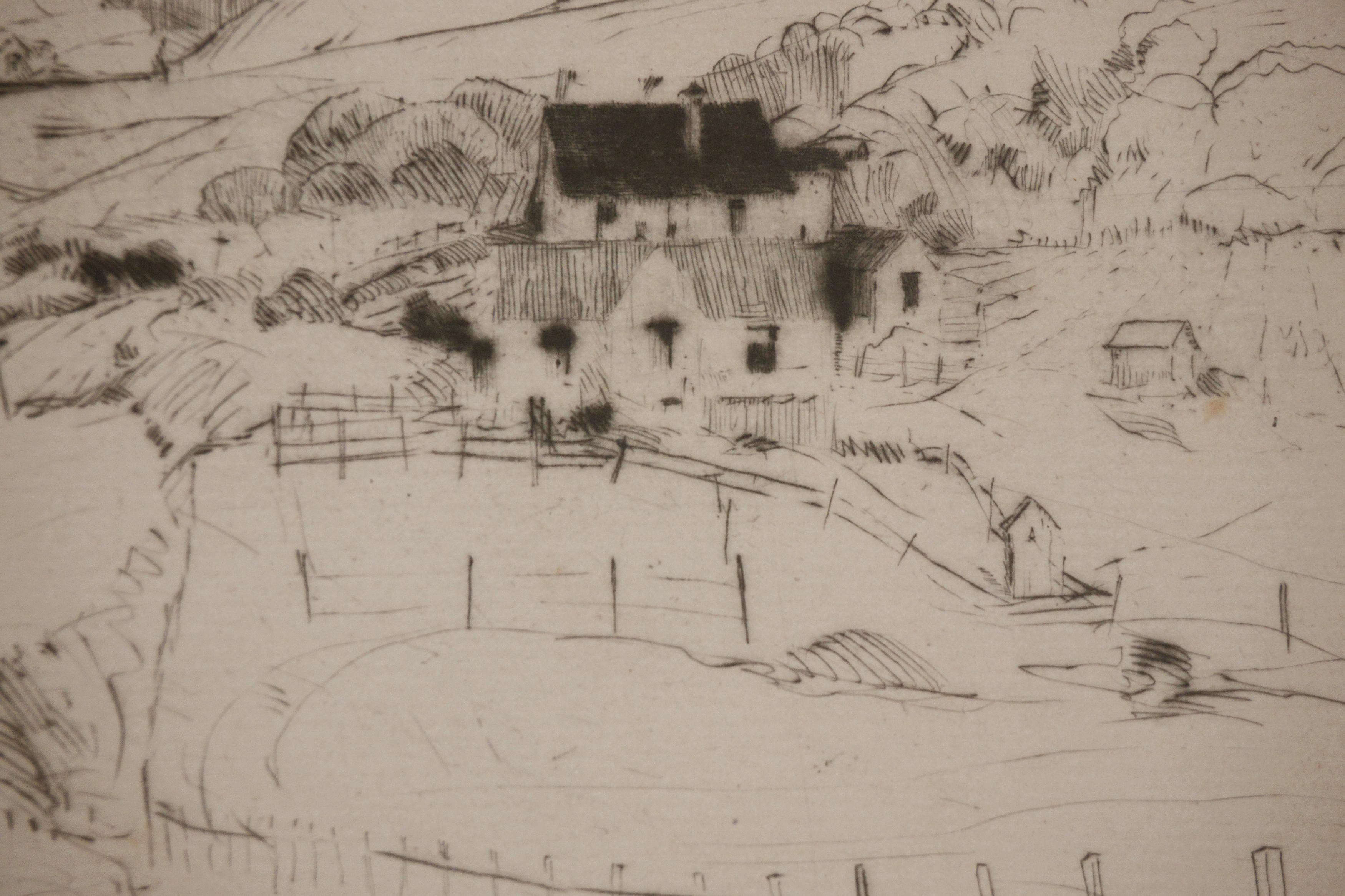 Early 20th Century Signed Etching By Armin Carl Hansen -- Valley Farm - Brown Landscape Print by Armin Hansen