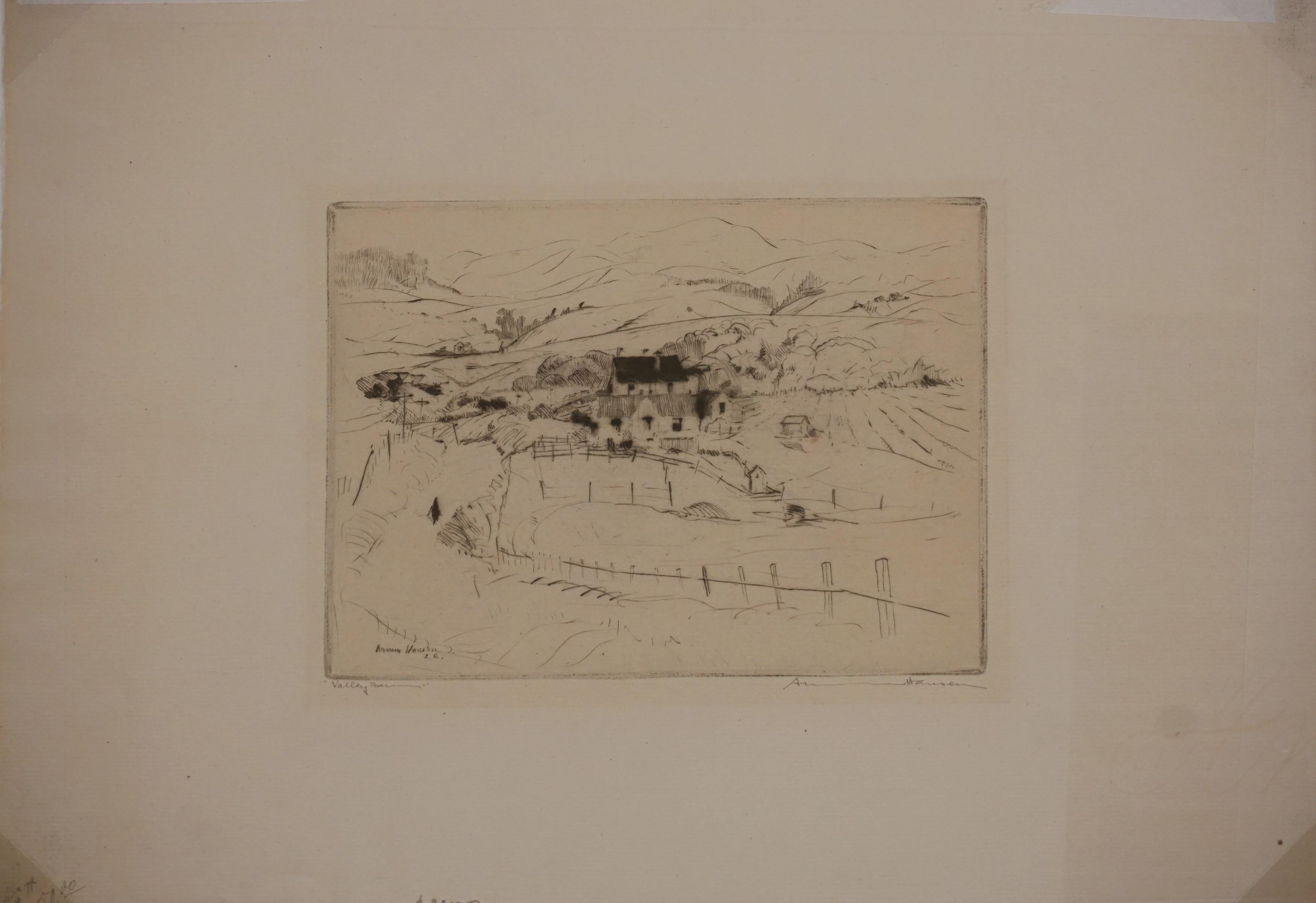Early 20th Century Signed Etching By Armin Carl Hansen -- Valley Farm For Sale 1