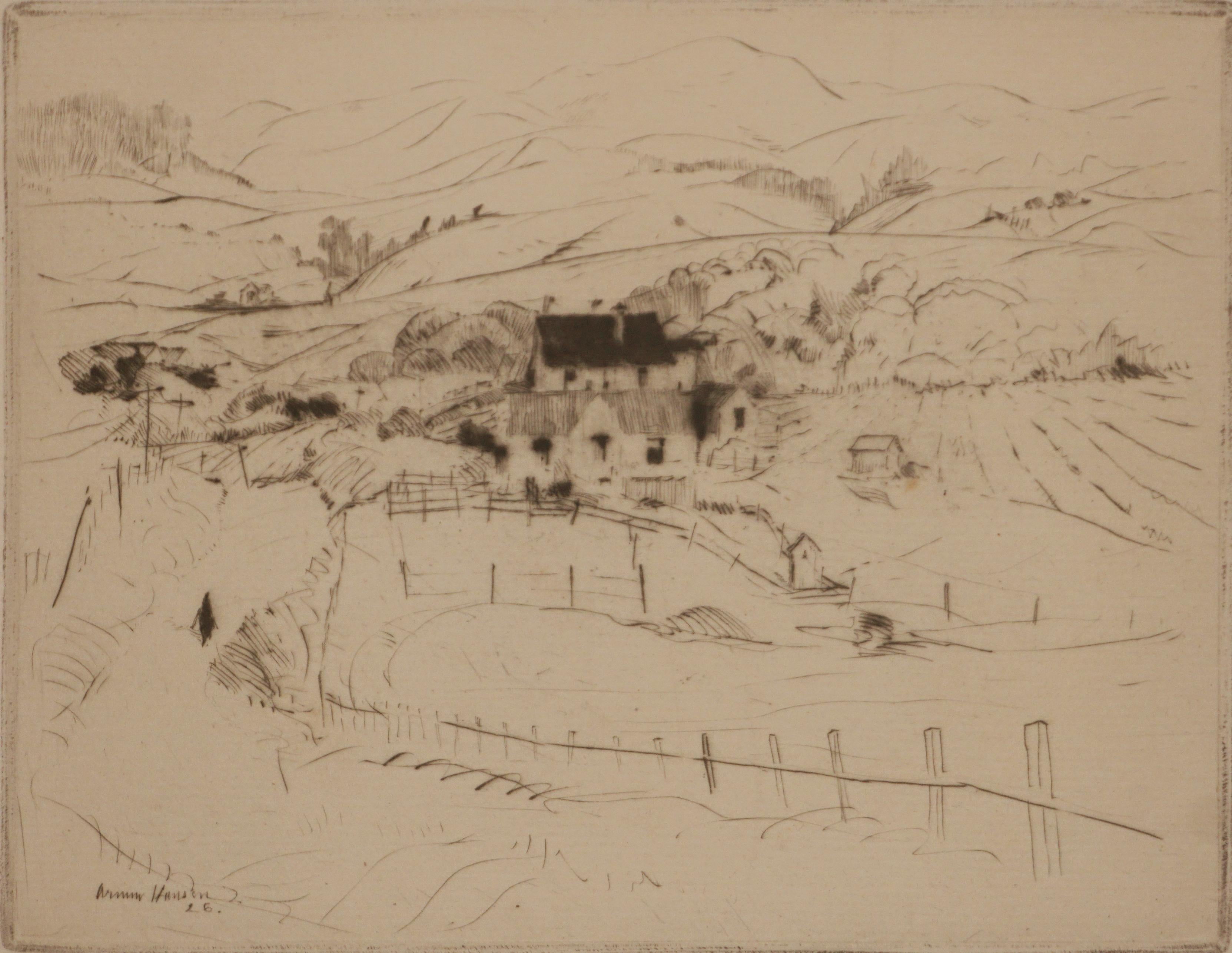 Gravure signée par Armin Carl Hansen - Valley Farm - Début du 20e siècle