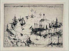 "Snug Harbor" Acquaforte di una romantica scena portuale 1928