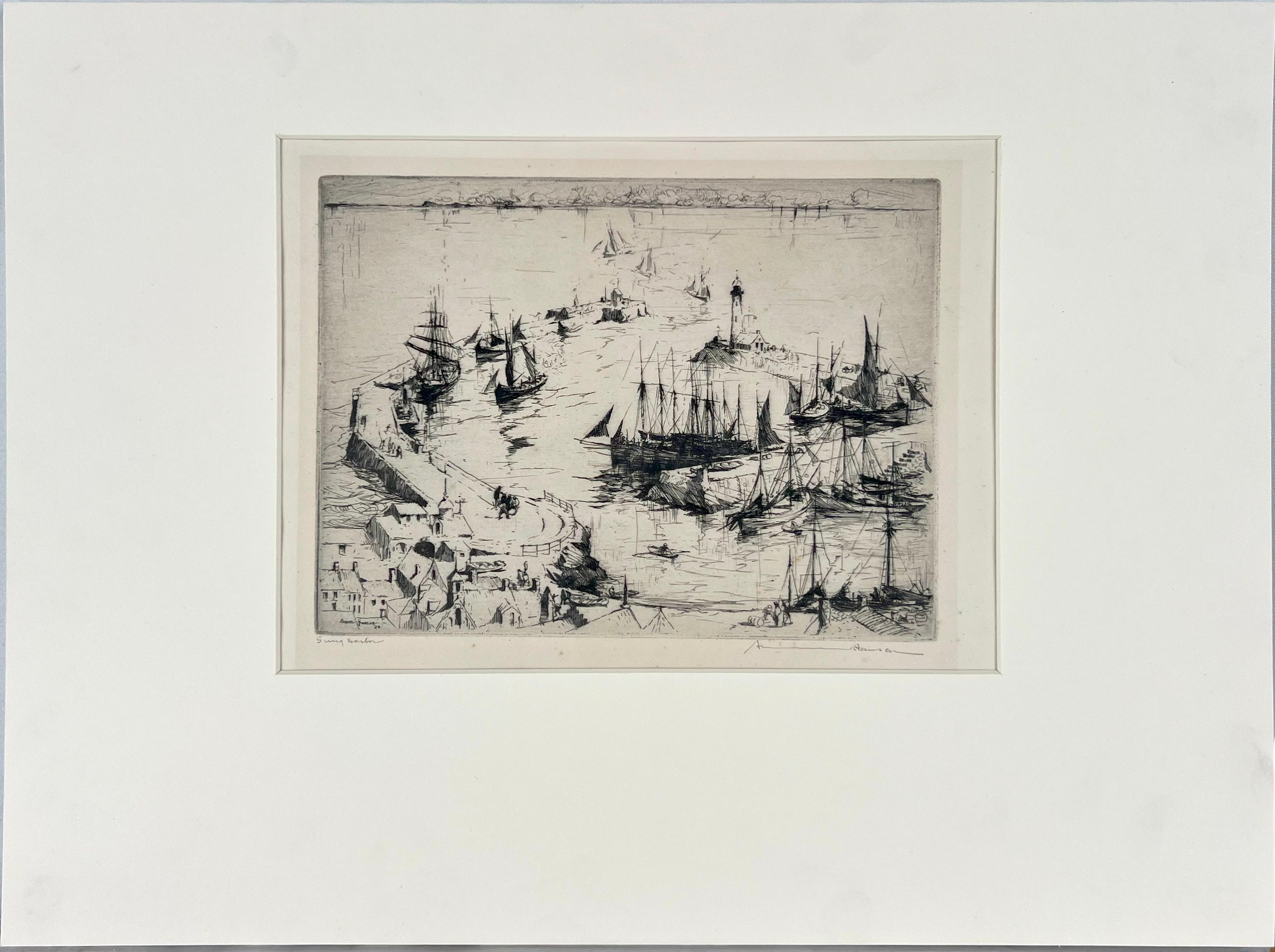 "Snug Harbor" Aguafuerte de una escena portuaria romántica 1928