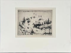 "Snug Harbor" Aguafuerte de una escena portuaria romántica 1928