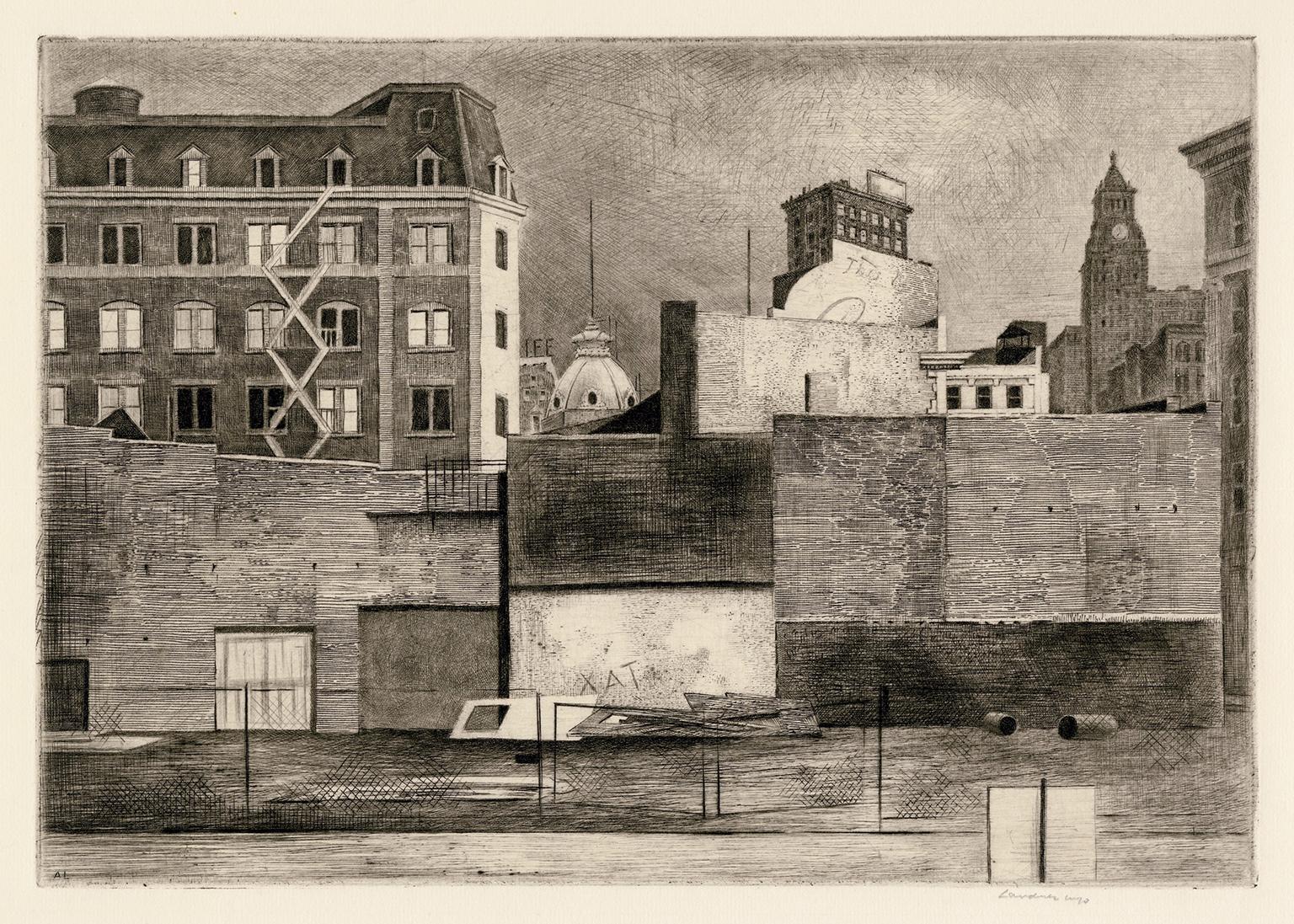 Armin Landeck Landscape Print - 12th Street Walls — 1940s New York City