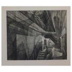 Acquaforte originale di Armin Landeck, 1950 - "Stairhall" (sala delle scale)