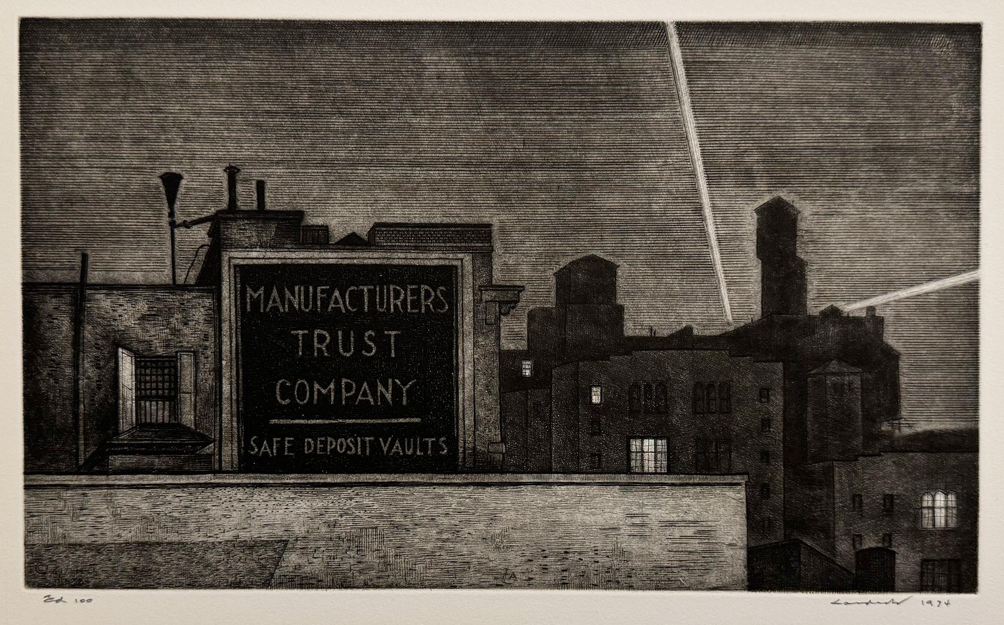 Figurative Print di Armin Landeck - Manufacturer's Trust; Manhattan Nocturne, rielaborato