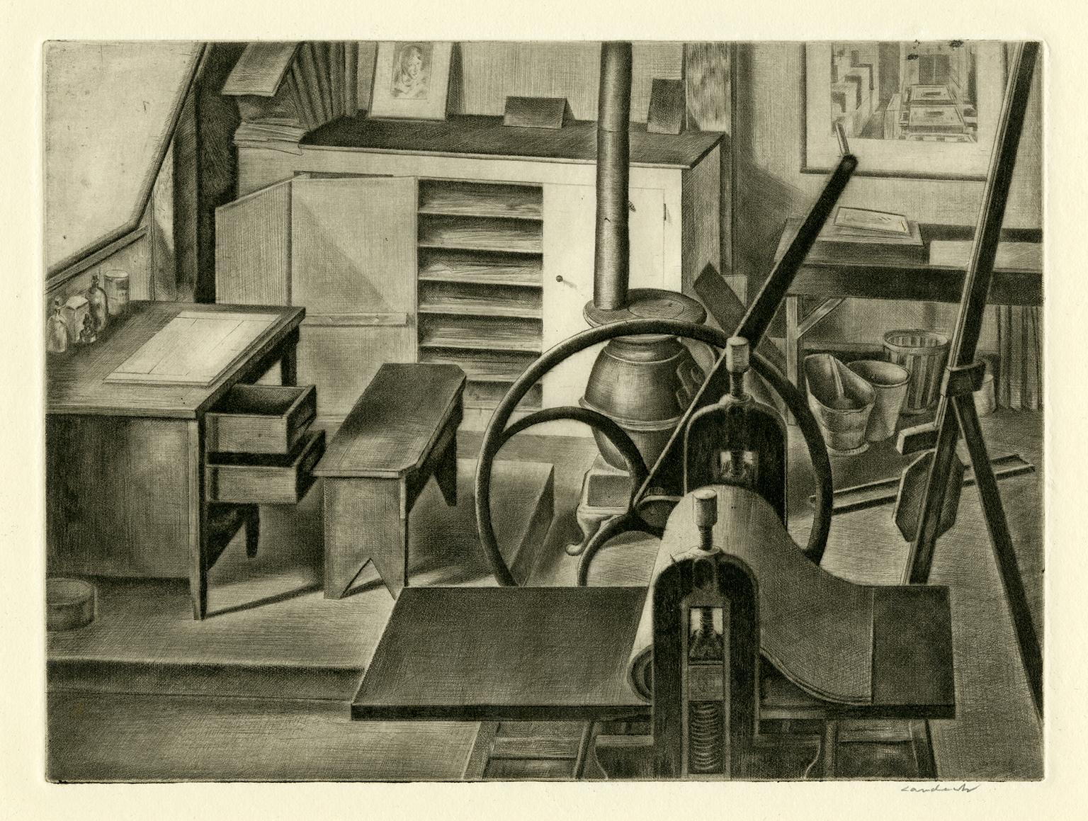 Armin Landeck Figurative Print - Studio Interior No. 1 — 1930s Masterwork