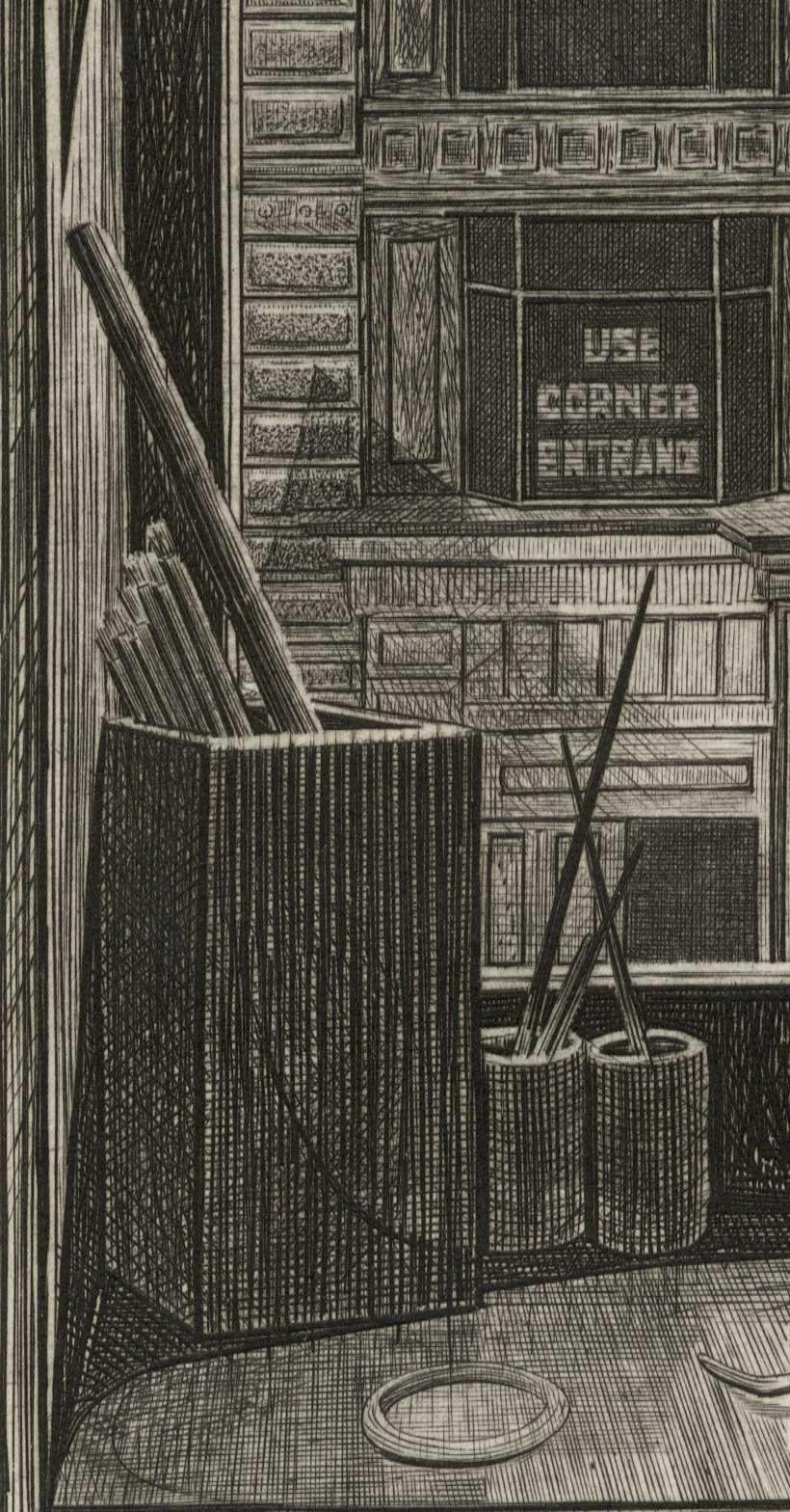 Window on 14th Street (Looking through artist's studio window/ brushes on desk) - Print by Armin Landeck