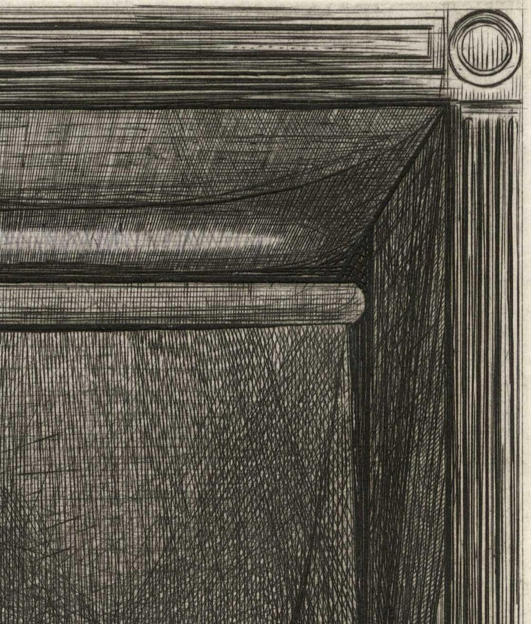 Window on 14th Street (Looking through artist's studio window/ brushes on desk) - Gray Interior Print by Armin Landeck