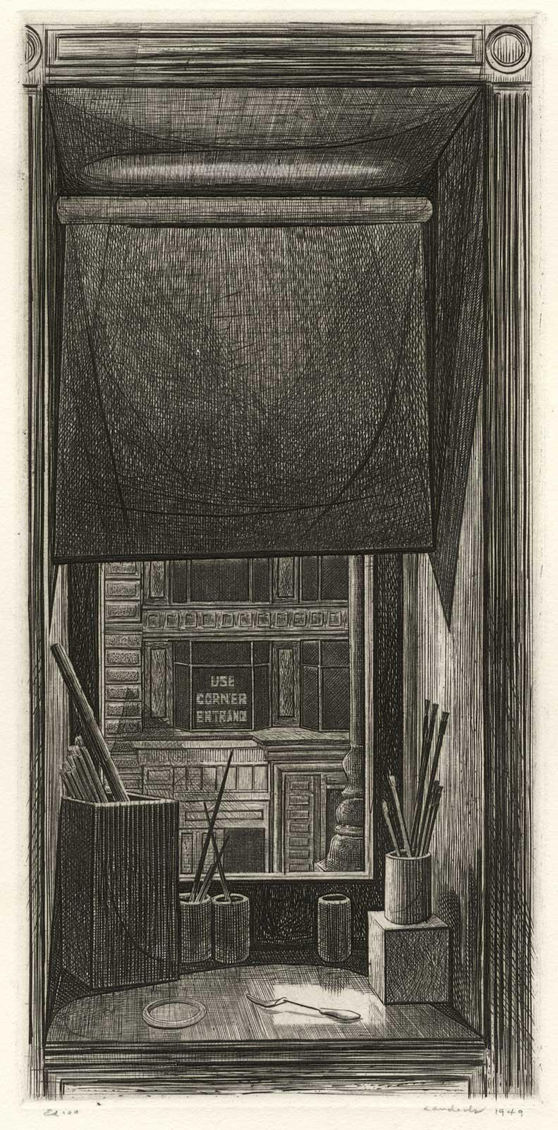 Window on 14th Street (Looking through artist's studio window/ brushes on desk) - American Modern Print by Armin Landeck