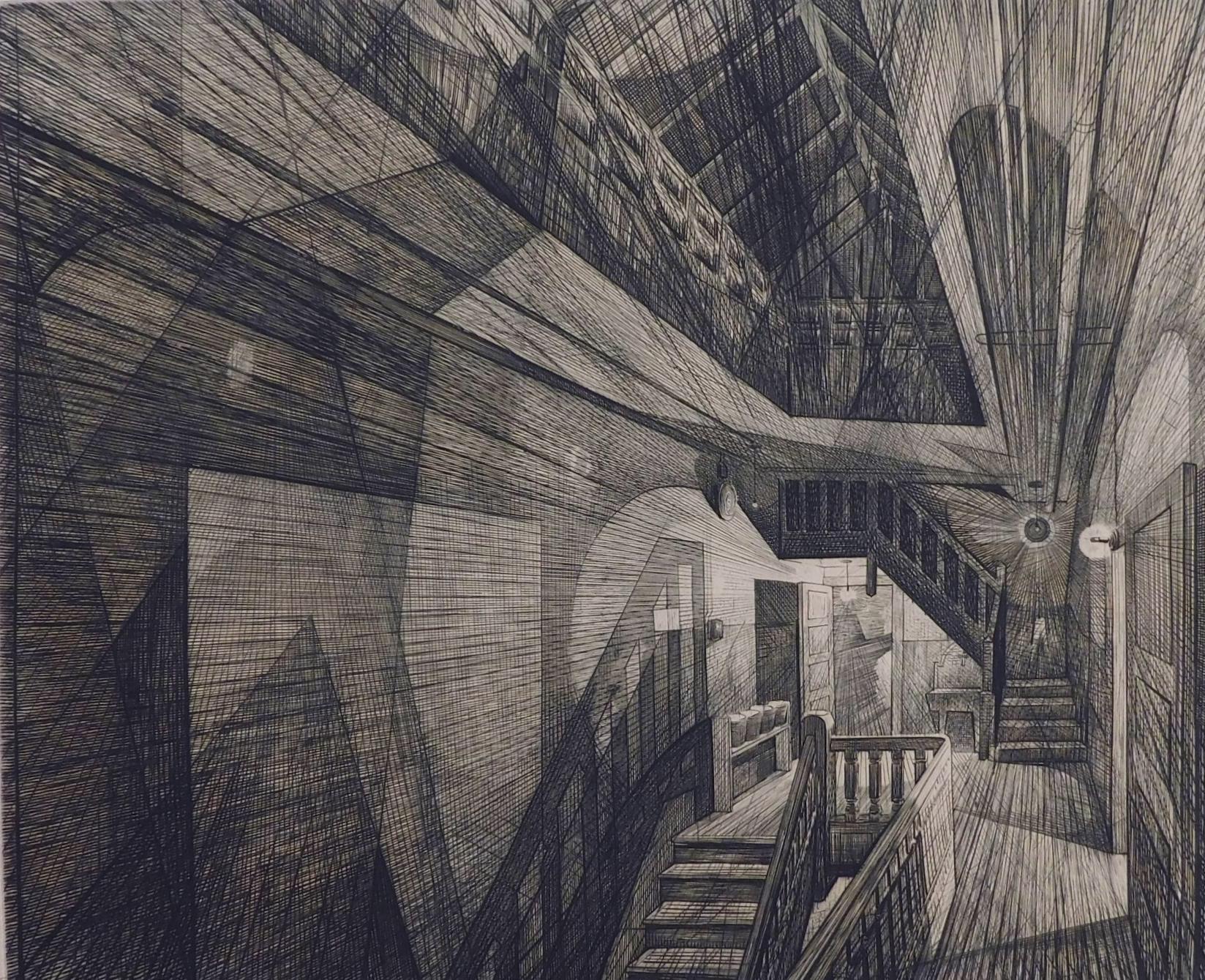 Drypoint and engraving by Wisconsin born printmaker Armin Landeck (1905-1984).
Titled “Stairhall.” Pencil signed lower right. Full margins.
The image measures 11 7/8