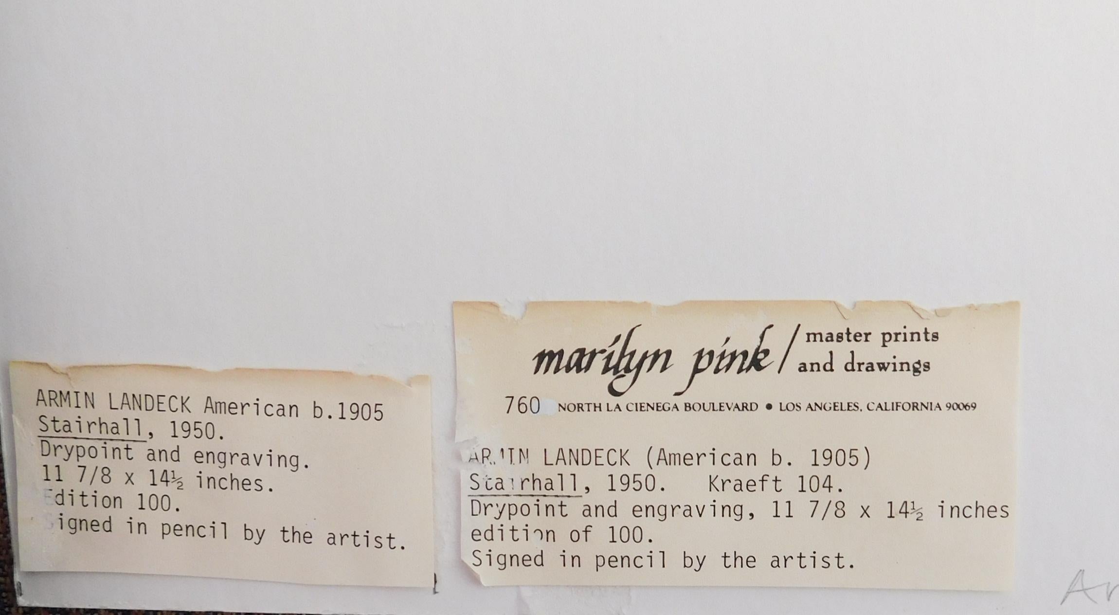 Armin Landeck Original Etching, 1950 - “Stairhall”  In Good Condition For Sale In Phoenix, AZ