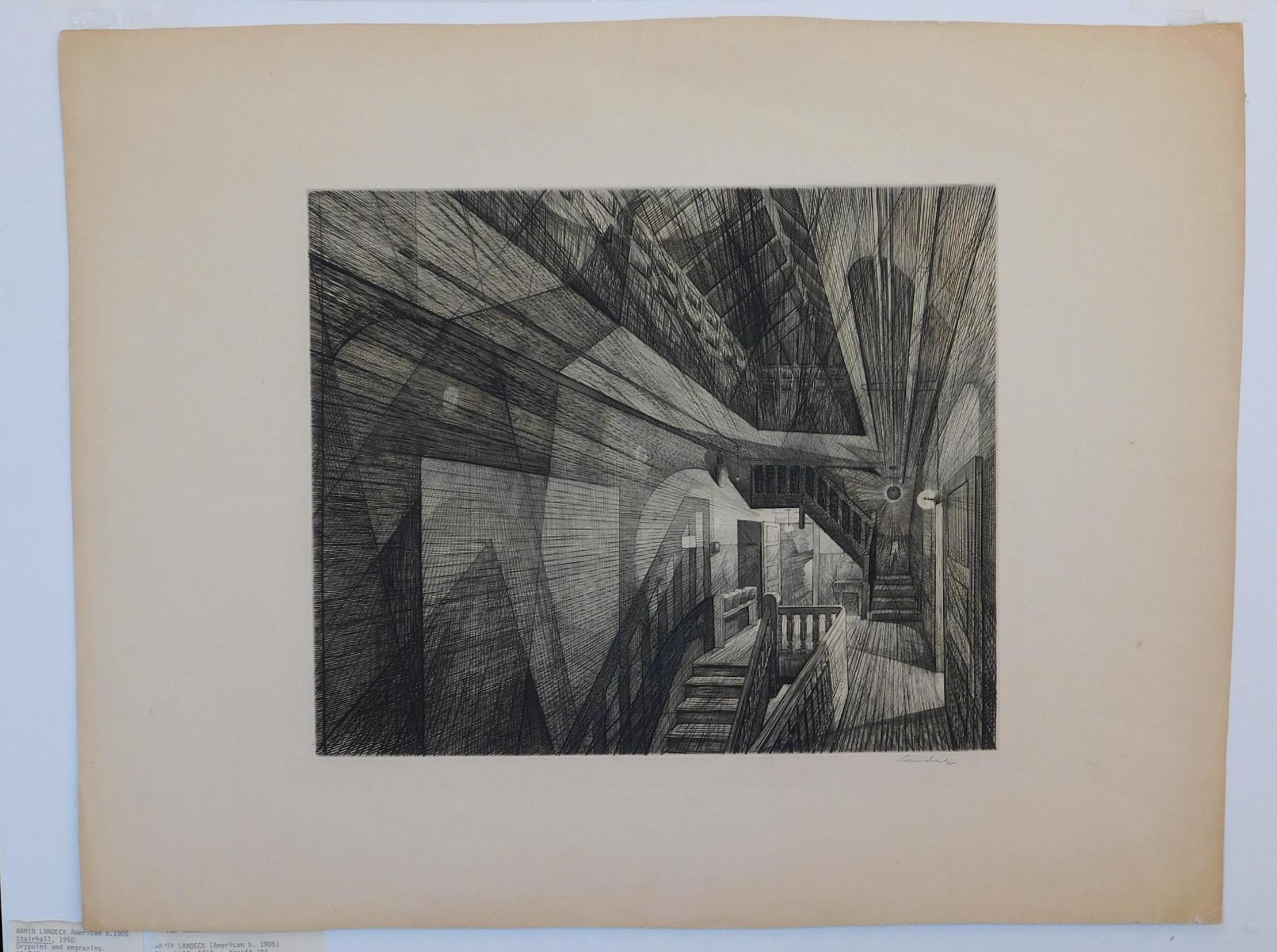 Armin Landeck, Original-Radierung, 1950 – Stairhall  (Mitte des 20. Jahrhunderts) im Angebot