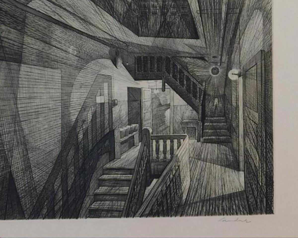 Armin Landeck, Original-Radierung, 1950 – Stairhall  (Papier) im Angebot