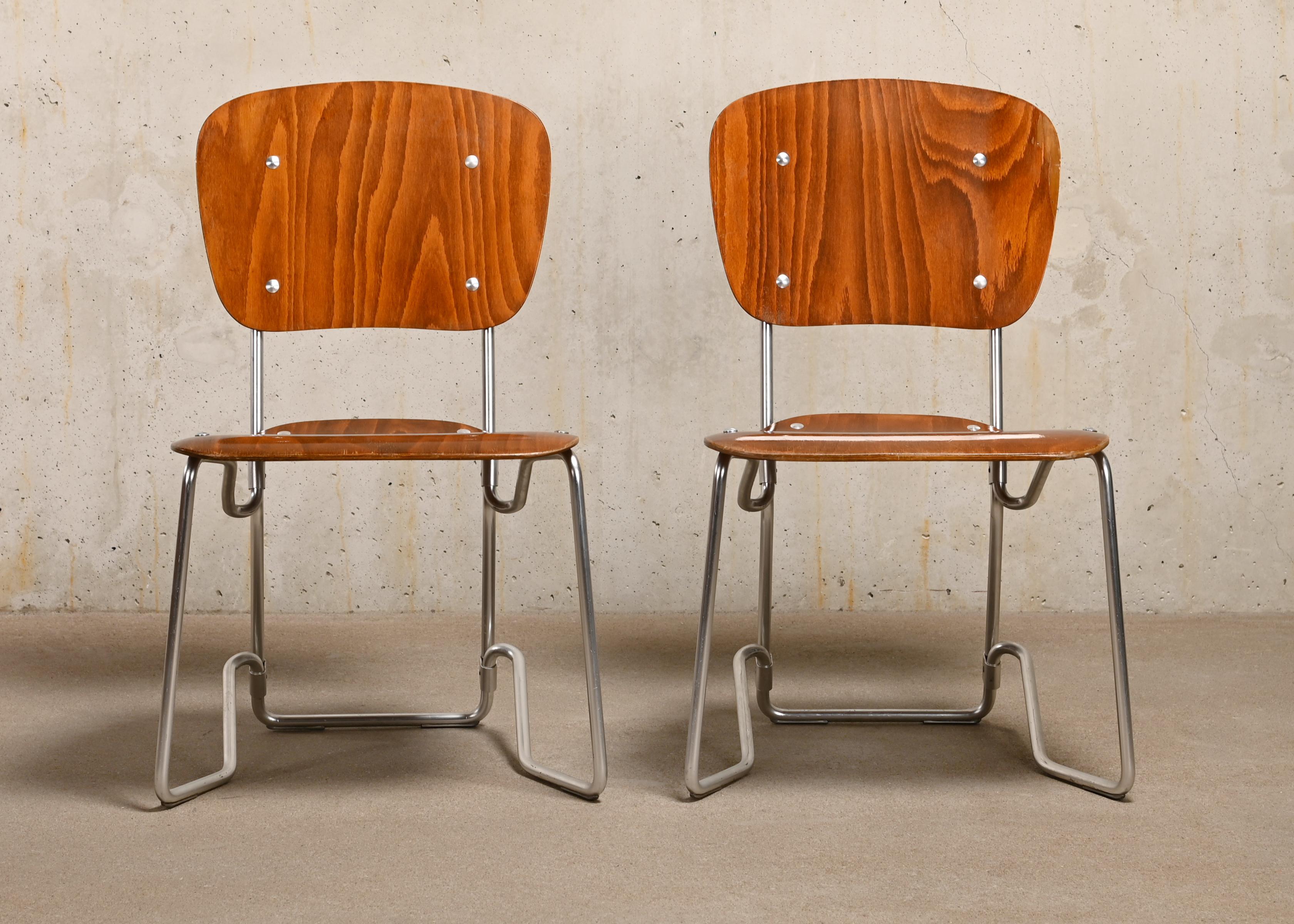 Swiss Armin Wirth Aluflex Folding Chairs in stained plywood for Philipp Zieringer KG