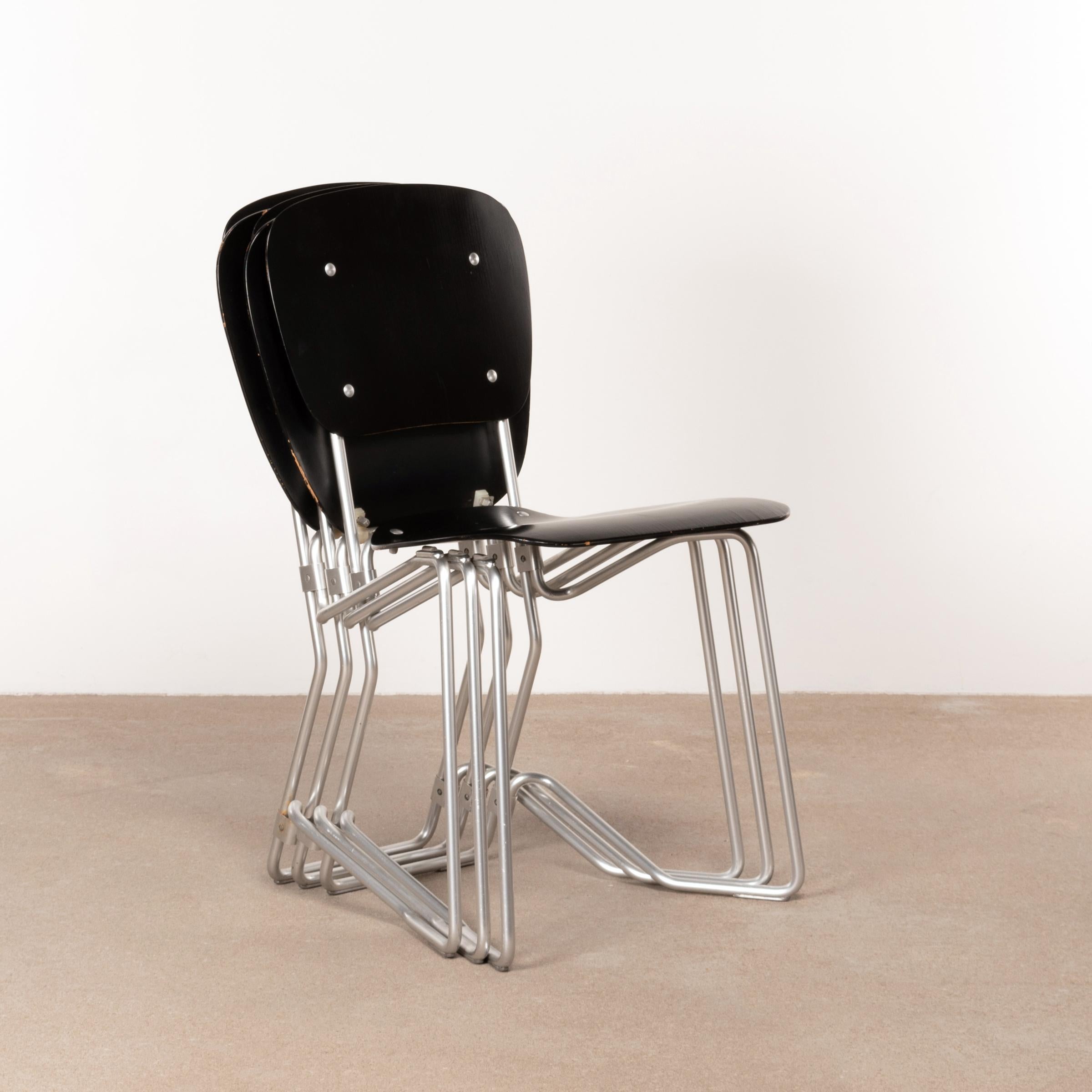 Mid-Century Modern Armin Wirth Early Folding Stacking Chair in Black Plywood / Aluminum for Aluflex