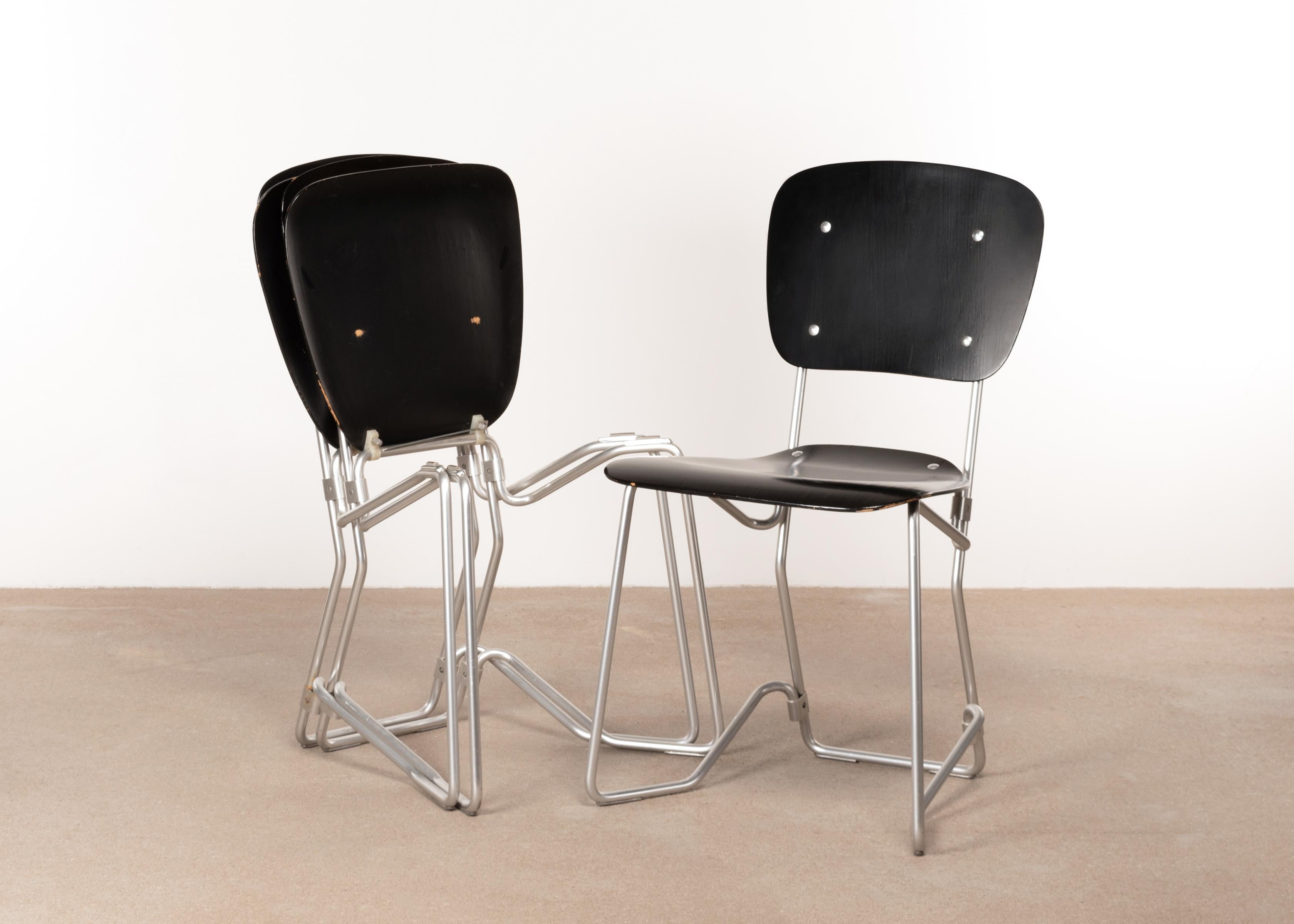 Swiss Armin Wirth Early Folding Stacking Chair in Black Plywood / Aluminum for Aluflex