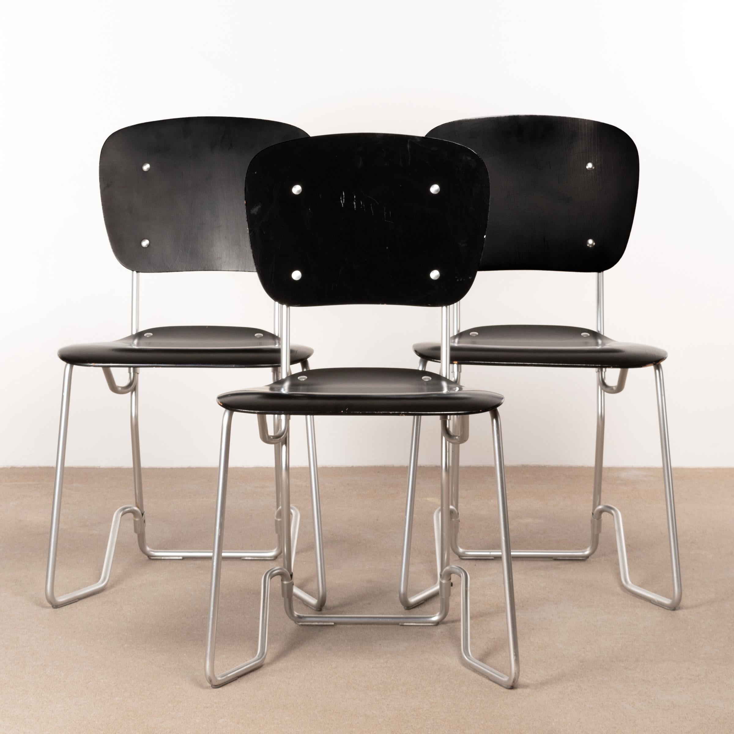 Armin Wirth Early Folding Stacking Chair in Black Plywood / Aluminum for Aluflex 1