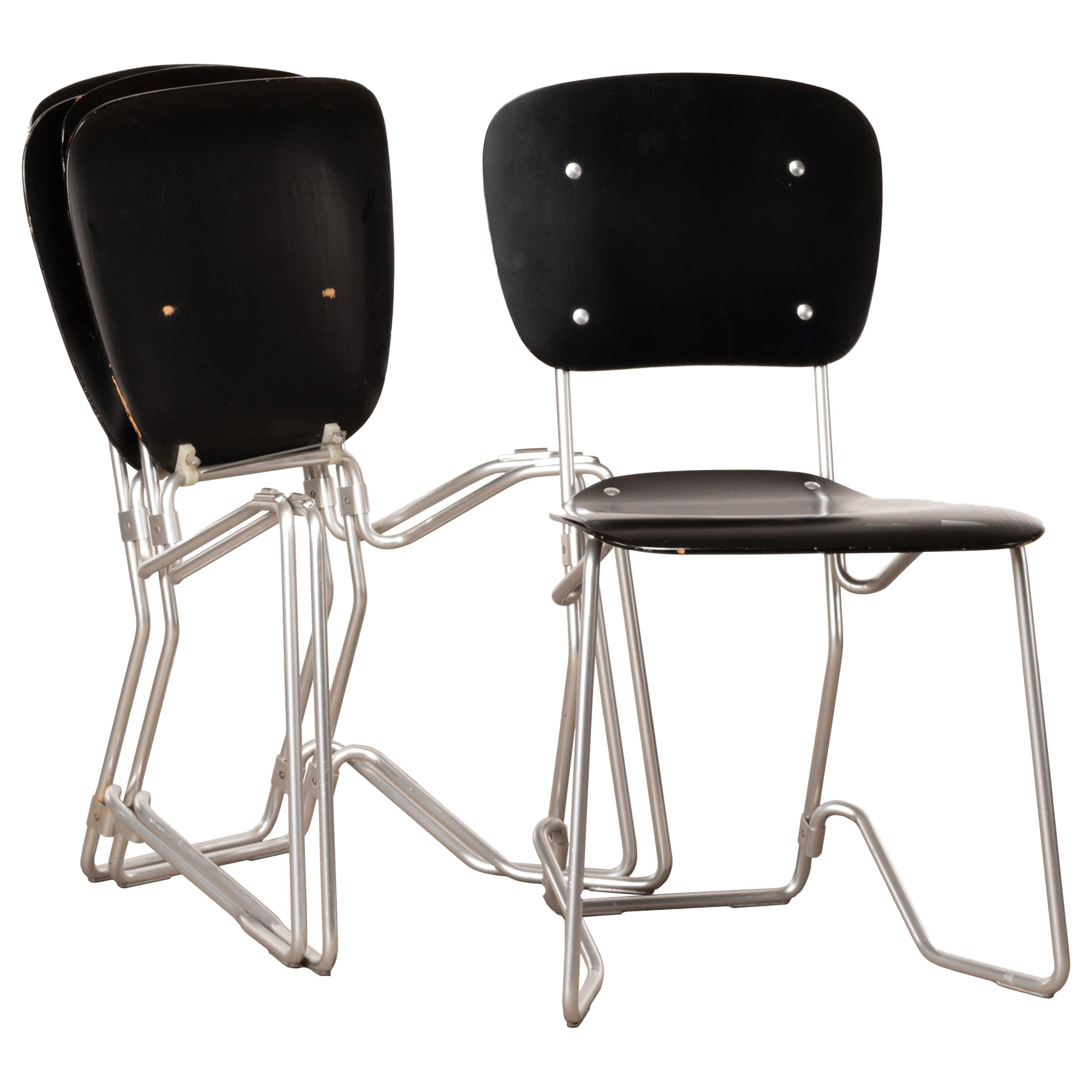 Armin Wirth Early Folding Stacking Chair in Black Plywood / Aluminum for Aluflex