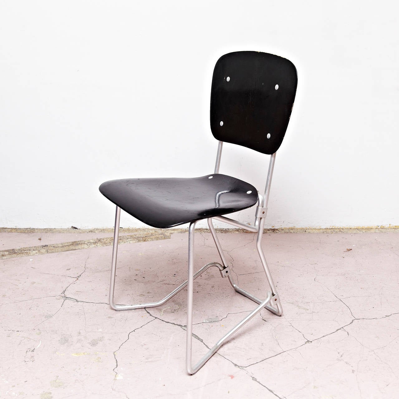 Aluminum Armin Wirth Mid-Century Modern Metal and Wood Swiss Stackable Chairs for Aluflex