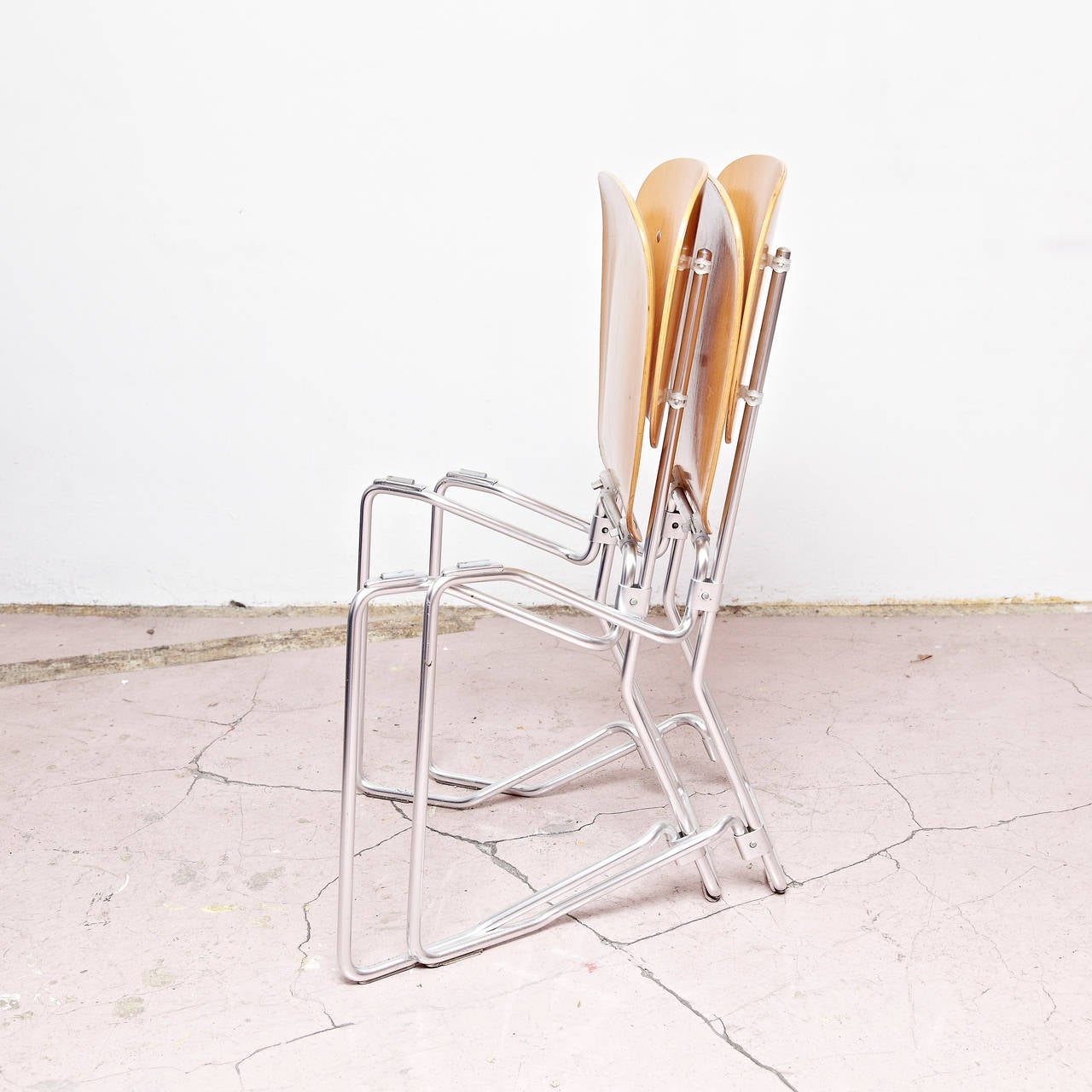 Aluminum Armin Wirth Mid-Century Modern Metal and Wood Swiss Stackable Chairs for Aluflex