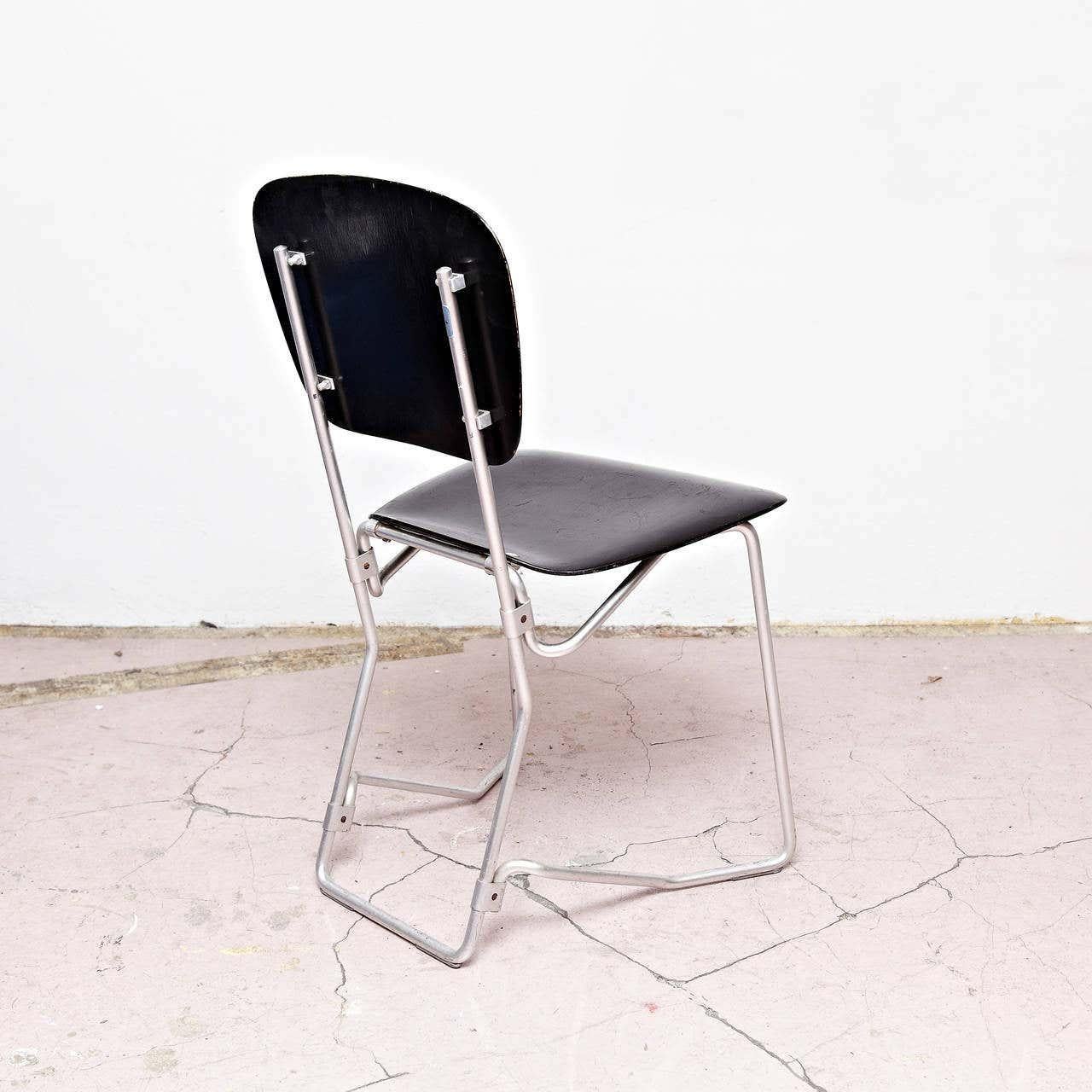 Aluminum Armin Wirth Mid-Century Modern Metal and Wood Swiss Stackable Chairs for Aluflex