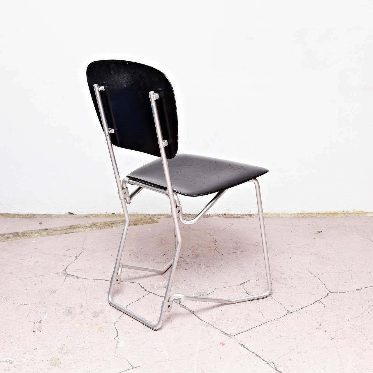 Mid-20th Century Armin Wirth Mid-Century Modern Metal and Wood Swiss Stackable Chairs for Aluflex For Sale