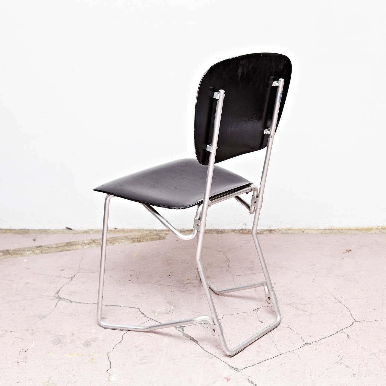 Armin Wirth Mid-Century Modern Metal and Wood Swiss Stackable Chairs for Aluflex 1