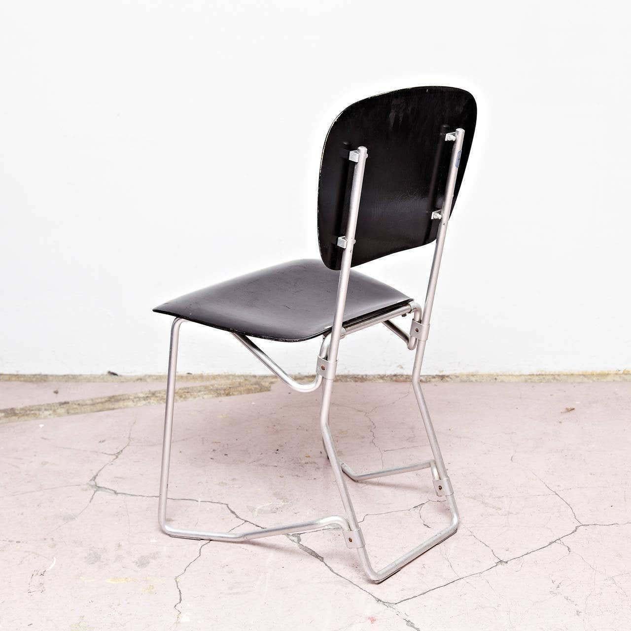 Aluminum Armin Wirth Mid-Century Modern Metal and Wood Swiss Stackable Chairs for Aluflex For Sale