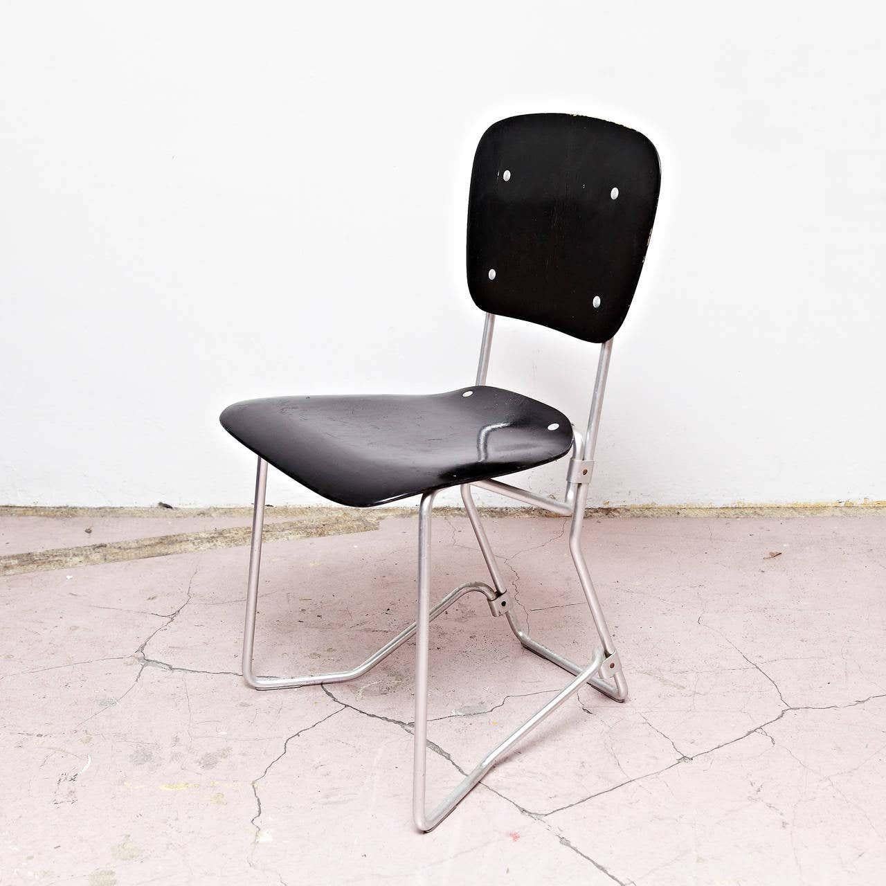 Armin Wirth Mid-Century Modern Metal and Wood Swiss Stackable Chairs for Aluflex 2