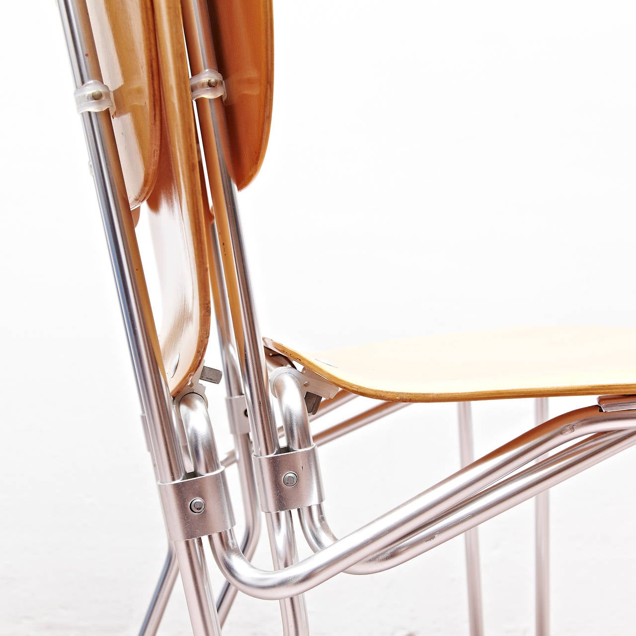 Armin Wirth Mid-Century Modern Metal and Wood Swiss Stackable Chairs for Aluflex 4