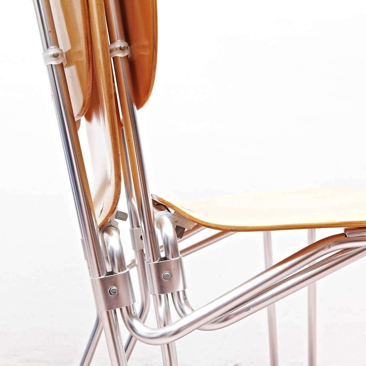 Armin Wirth Mid-Century Modern Metal and Wood Swiss Stackable Chairs for Aluflex For Sale 4