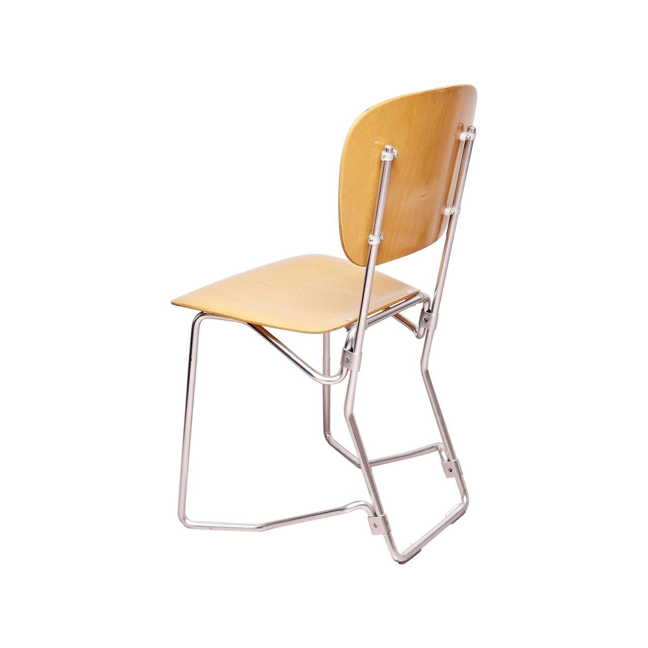 Armin Wirth Mid-Century Modern Metal and Wood Swiss Stackable Chairs for Aluflex