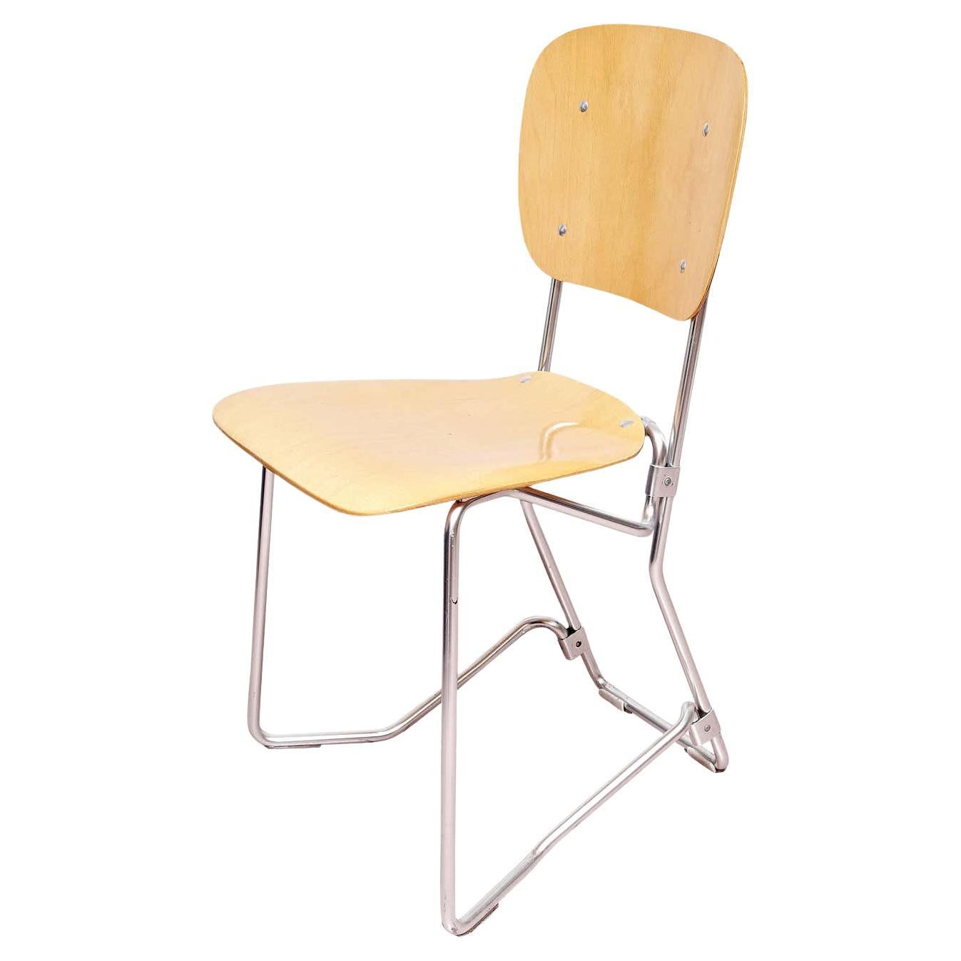 Armin Wirth Mid-Century Modern Metal and Wood Swiss Stackable Chairs for Aluflex