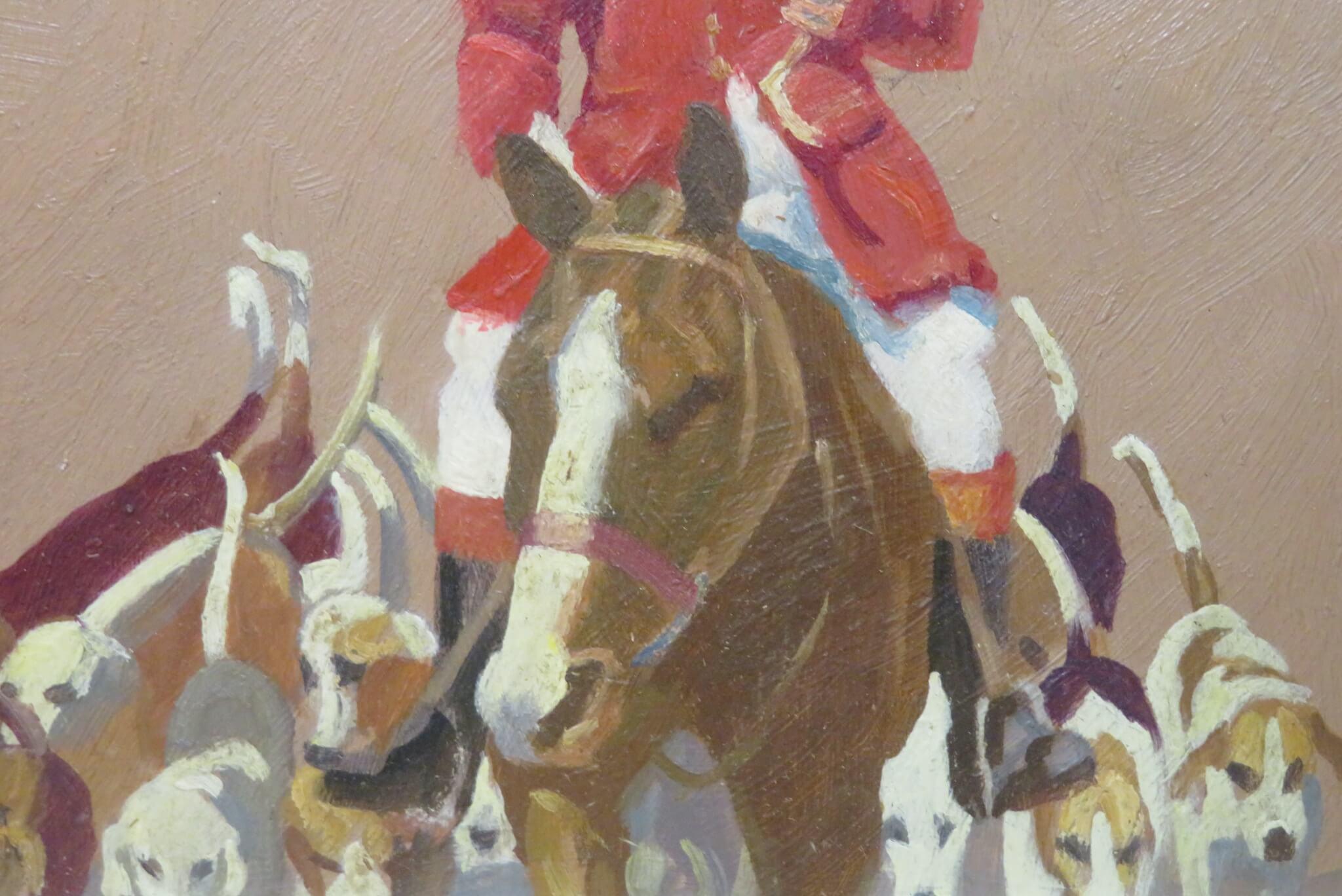 Ensemble de x6 peintures à l'huile originales du milieu du 20e siècle Chiens, chevaux, scènes de chasse en vente 2