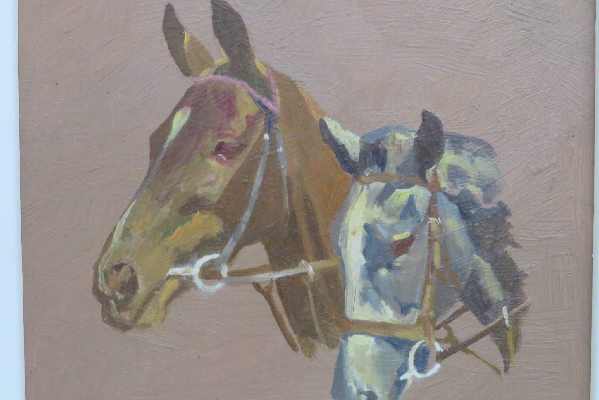 Ensemble de x6 peintures à l'huile originales du milieu du 20e siècle Chiens, chevaux, scènes de chasse en vente 3