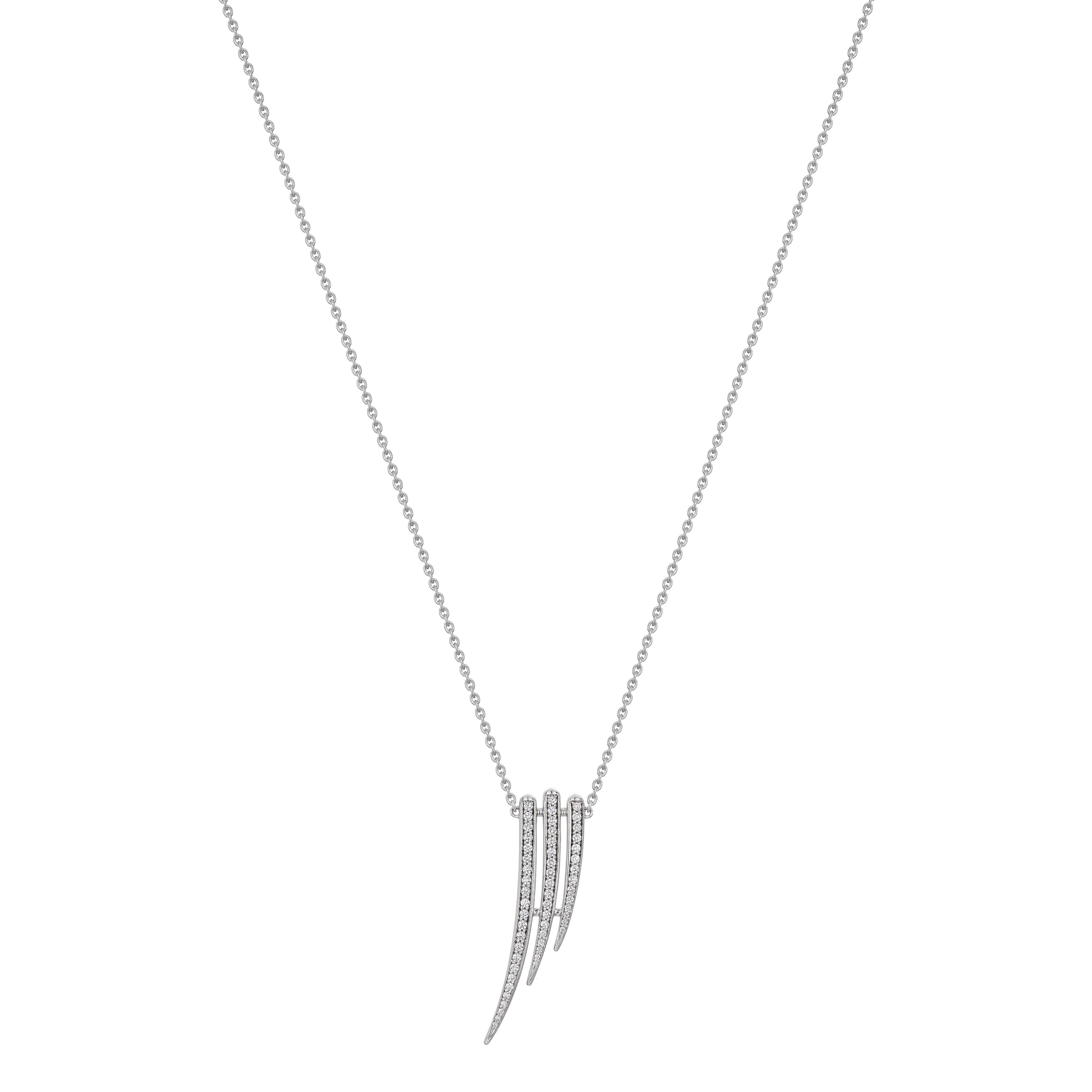 Crafted from 18ct white gold and 0.42cts of brilliant white diamonds, Armis Cascade Necklace balances symmetry with perfect proportions. Three fluid lines of cascading diamonds sweep the décolletage in a sensual movement. The House of Shaun Leane’s