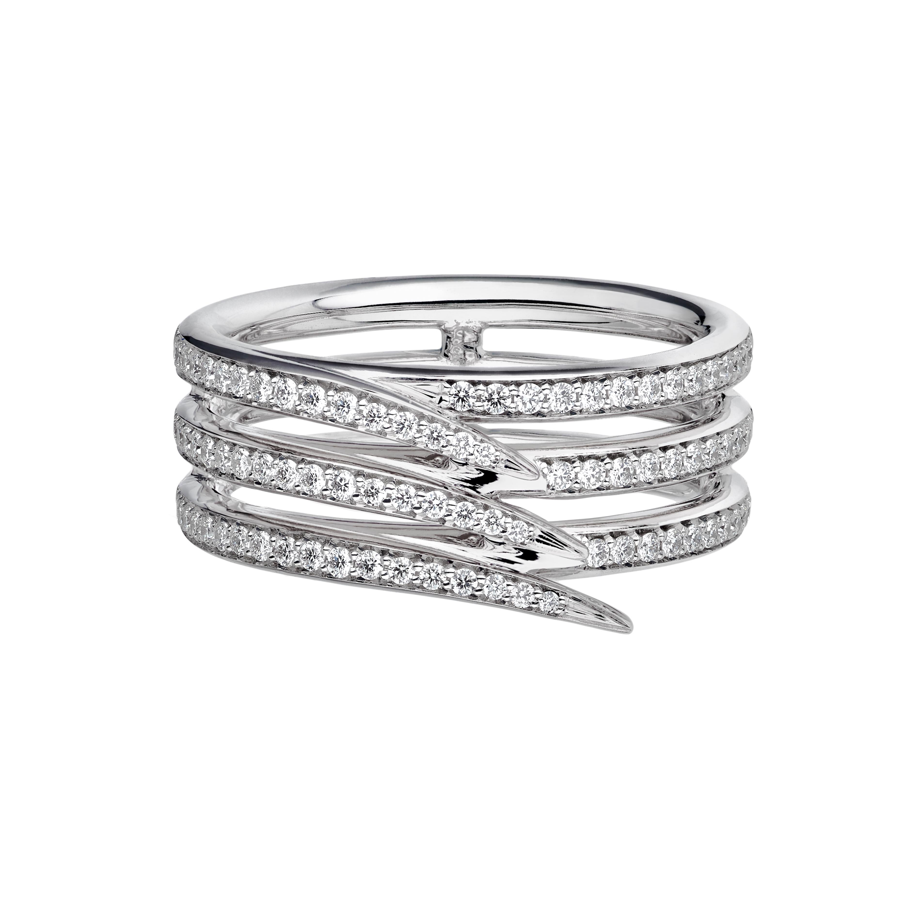 Armis Triple Row Ring is crafted from 18ct white gold and 0.67cts of brilliant white diamonds, a classic piece by the House of Shaun Leane. Designed to be worn as a “duo” with other interlocking Armis rings, a sequence of diamond pavé curves enclose
