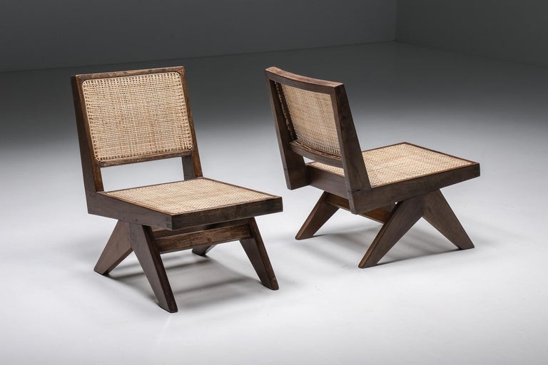Mid-Century Modern Armless Easy Chair by Pierre Jeanneret rattan, teak & wood, Chandigarh, 1960s For Sale