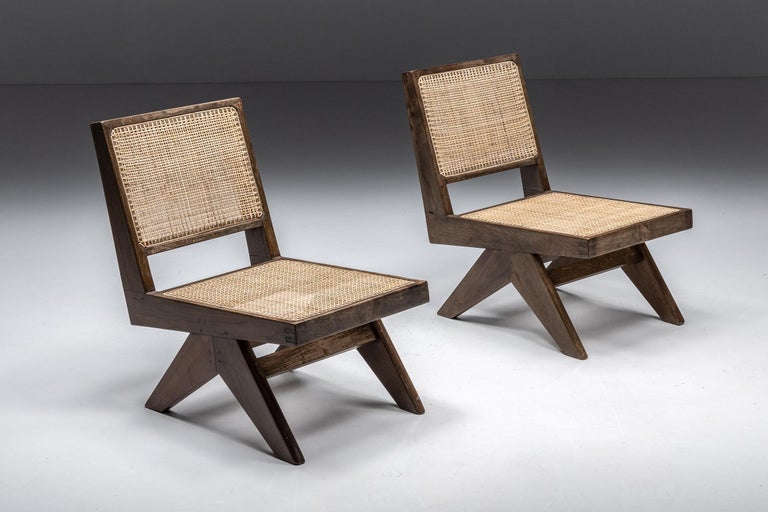 Indian Armless Easy Chair by Pierre Jeanneret rattan, teak & wood, Chandigarh, 1960s For Sale
