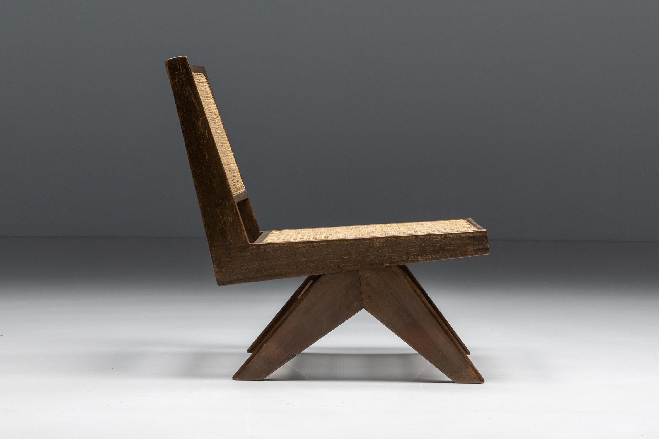 Mid-Century Modern Armless Easy Chair by Pierre Jeanneret rattan, teak & wood, Chandigarh, 1960s For Sale