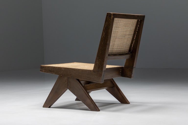 Rattan Armless Easy Chair by Pierre Jeanneret rattan, teak & wood, Chandigarh, 1960s For Sale