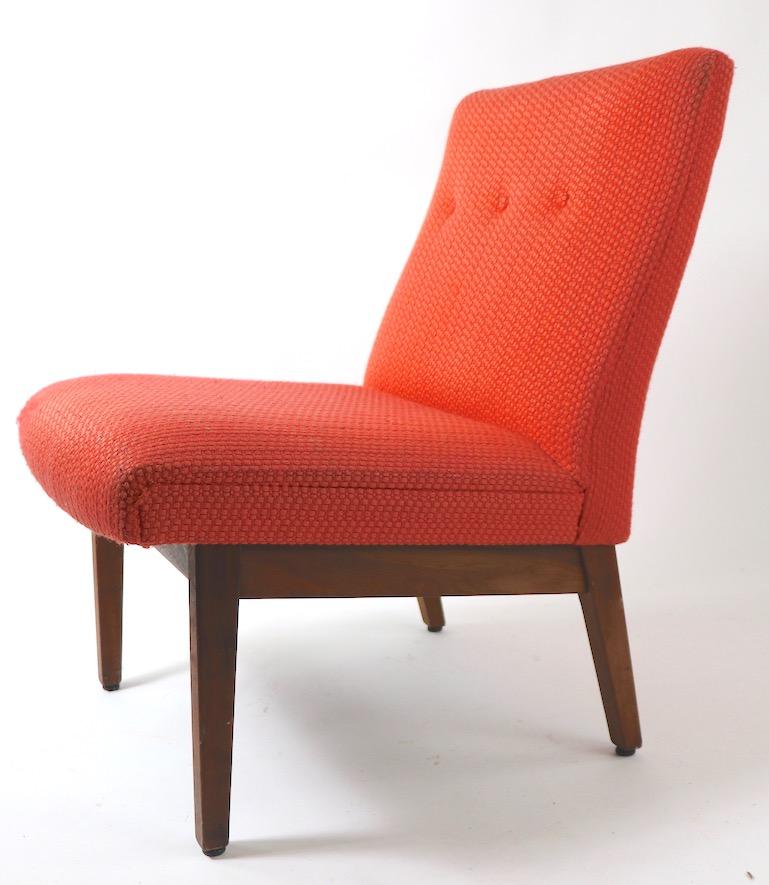 Classic midcentury style armless chair, manufactured by Gunlocke, after Risom. Solid walnut frame with original orange tweed fabric ( shows minor cosmetic wear). Sophisticated architectural design, original clean condition, ready to use.