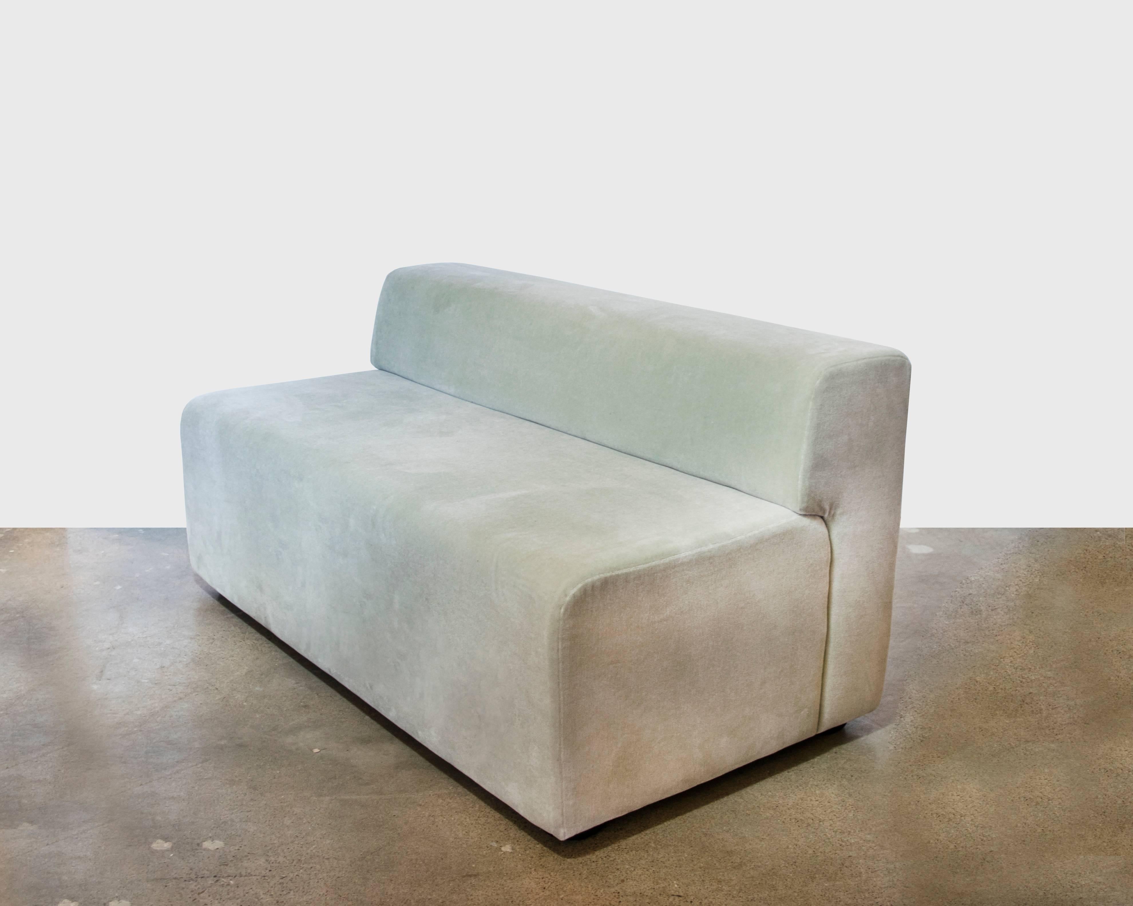 Custom vintage settee / love seat / bench in sea foam mohair in excellent condition. An unusual piece, would make a great banquette. Very comfortable.