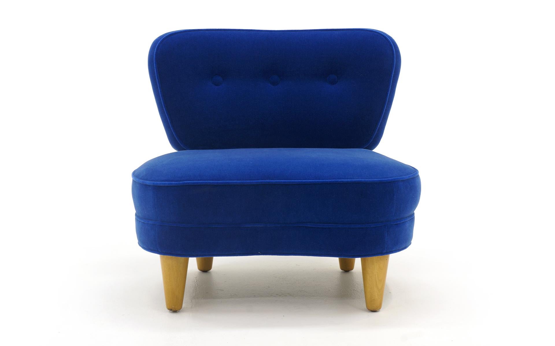 We used a gorgeous real blue mohair to reupholster this early lounge chair designed by Edward Wormley for Dunbar. It is stunning.