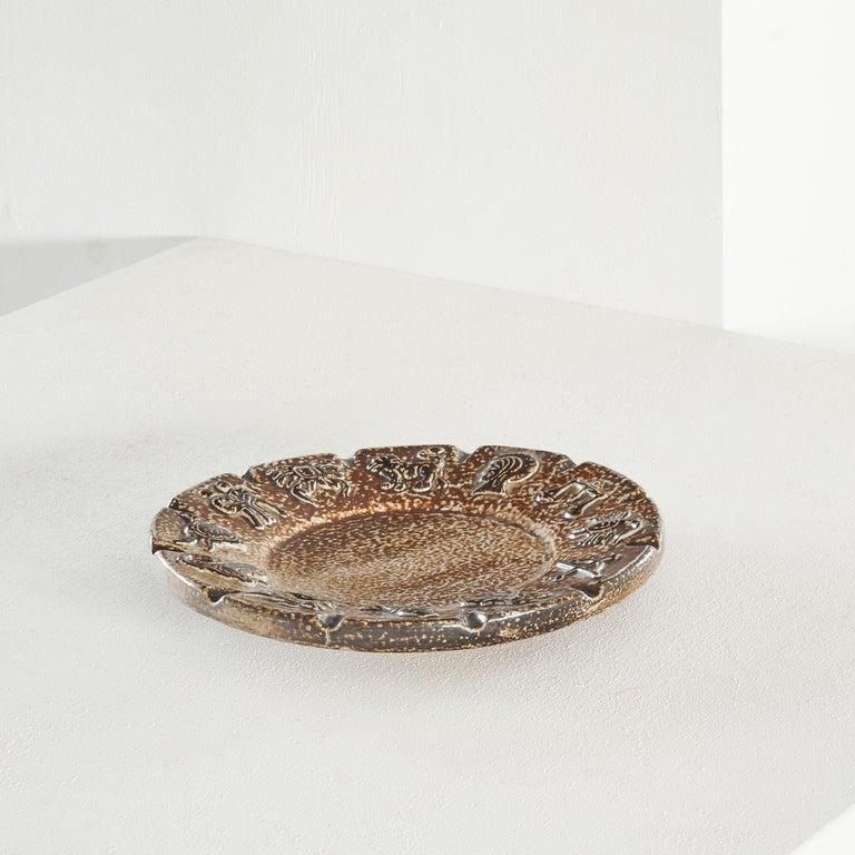 Mid-Century Modern Armogrès Belgian 'Zodiac' Studio Pottery Dish in Dark Brown Tones, 1960s For Sale