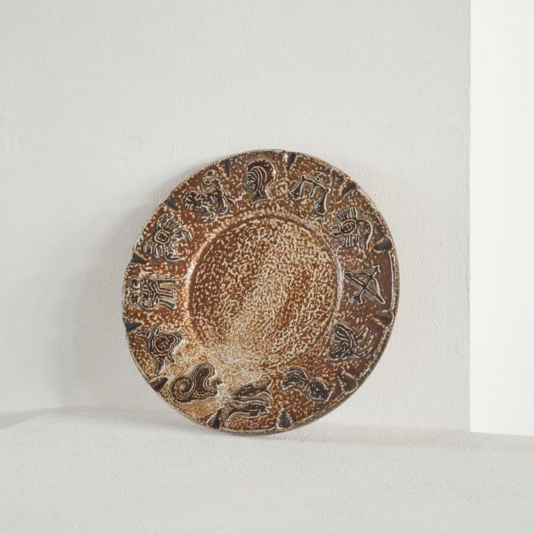 Glazed Armogrès Belgian 'Zodiac' Studio Pottery Dish in Dark Brown Tones, 1960s For Sale