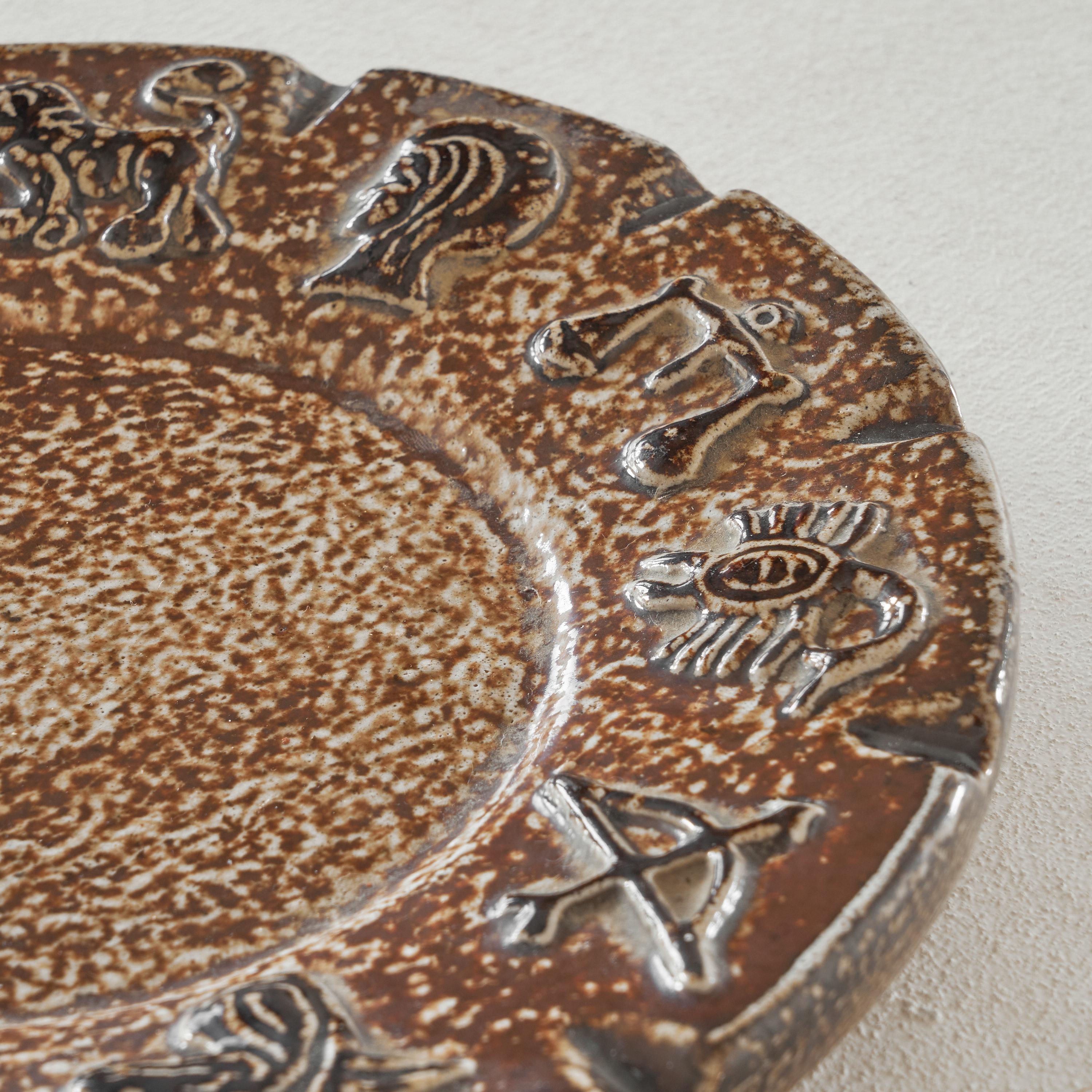 Hand-Crafted Armogrès Belgian 'Zodiac' Studio Pottery Dish in Dark Brown Tones, 1960s For Sale