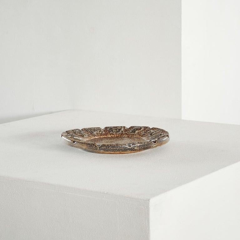 20th Century Armogrès Belgian 'Zodiac' Studio Pottery Dish in Dark Brown Tones, 1960s For Sale