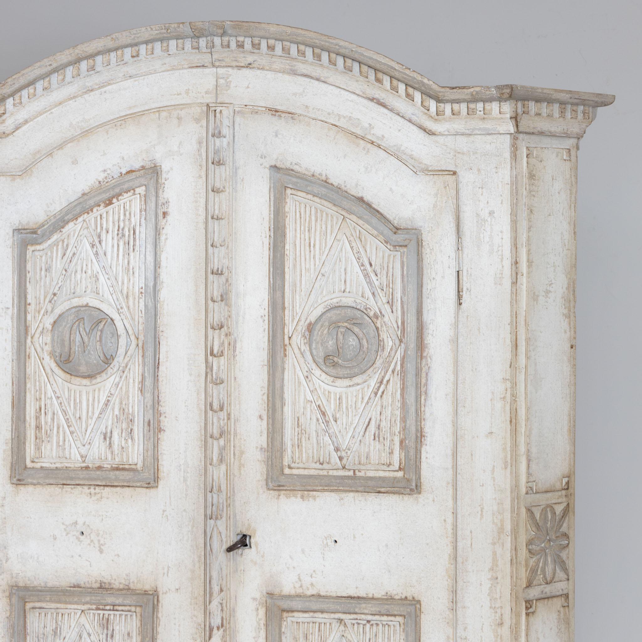 Carved Two-door Armoire or Wardrobe for Clothes, white paint with patina, 19th Century