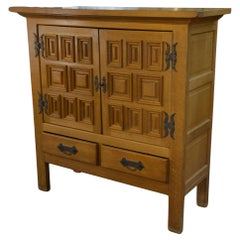Armoire 2 portes 2 tiroirs en chêne massif et fer forgé style rustique 1960's